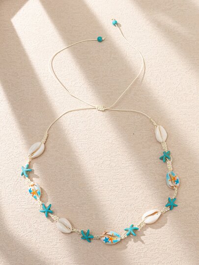 1件波西米亚海洋风贝壳、海龟和海星项链，手工制作，适合女性佩戴，可用于海滩度假和日常佩戴