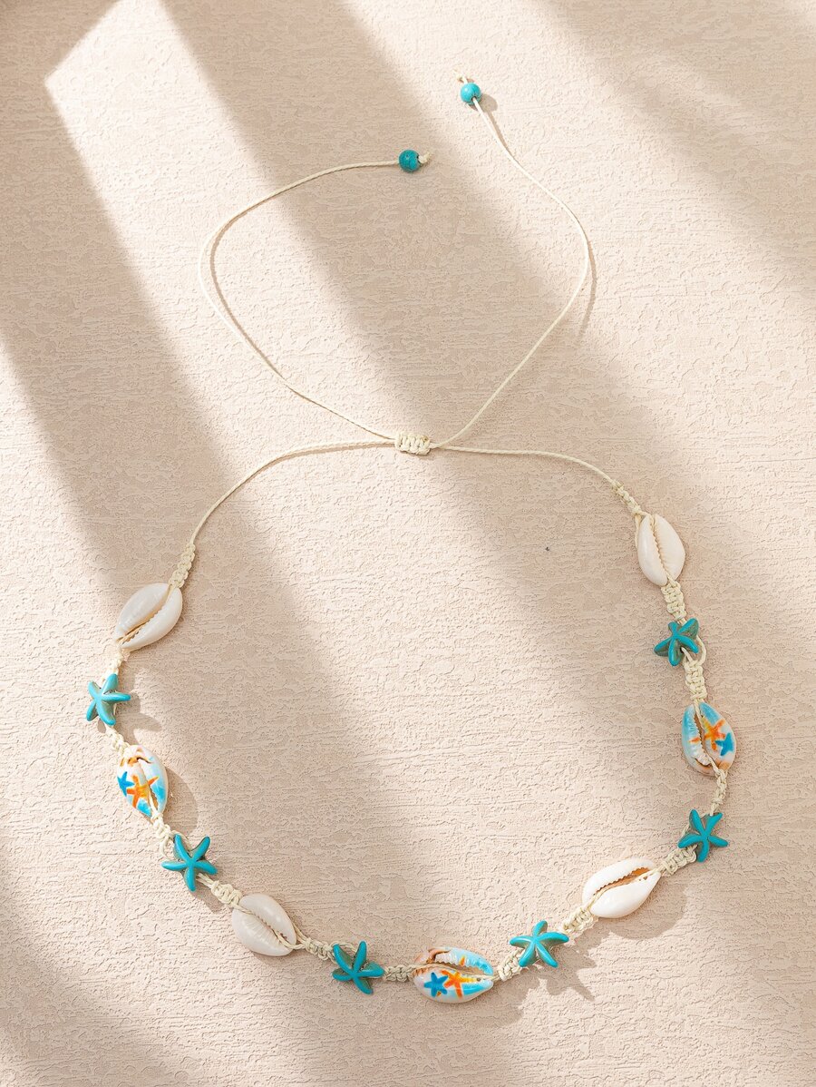 1件波西米亚海洋风贝壳、海龟和海星项链，手工制作，适合女性佩戴，可用于海滩度假和日常佩戴