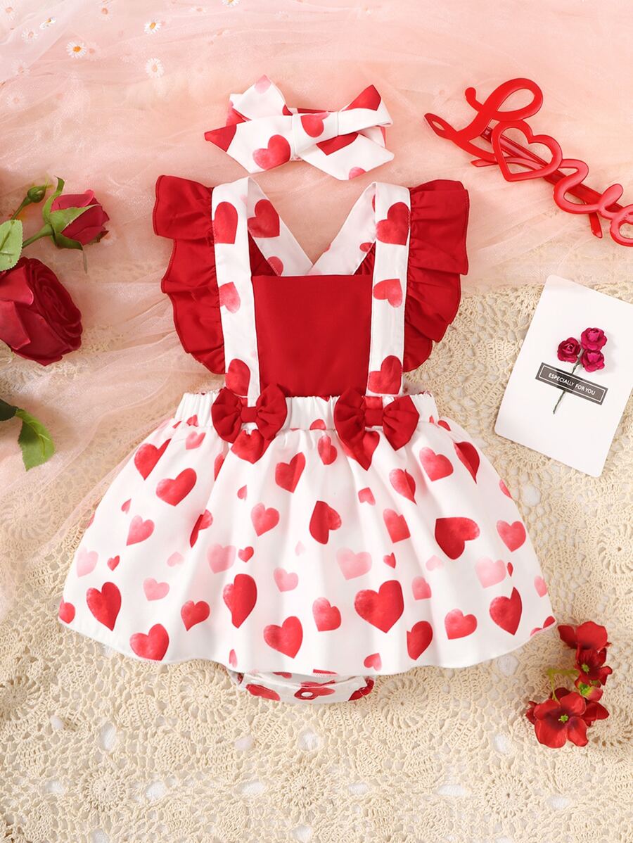 Baby Heart Print Ruffle Trim Bow Front Combo Bodysuit Dress With Headband - Red and White - View 1