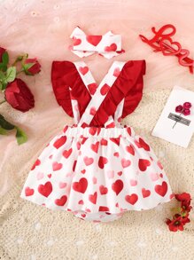 Baby Heart Print Ruffle Trim Bow Front Combo Bodysuit Dress With Headband - Red and White - View 2