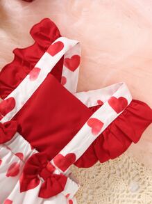 Baby Heart Print Ruffle Trim Bow Front Combo Bodysuit Dress With Headband - Red and White - View 3