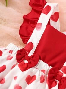 Baby Heart Print Ruffle Trim Bow Front Combo Bodysuit Dress With Headband - Red and White - View 4