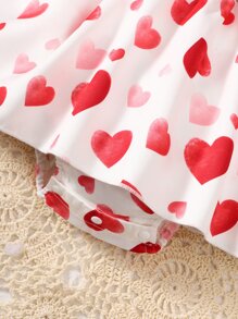 Baby Heart Print Ruffle Trim Bow Front Combo Bodysuit Dress With Headband - Red and White - View 5