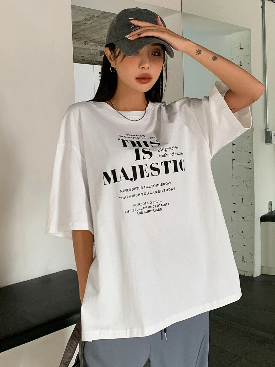 DAZY Slogan Graphic Drop Shoulder Tee - White - View 1