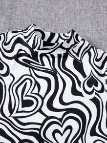 SHEIN 青少年女孩大理石和愛心圖案小高領緊身連衣裙 - 黑與白 - 查看 4