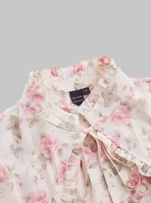 SHEIN MOD Floral Print Tie Neck Puff Sleeve Cut Out Frilled Blouse - Multicolor - View 4