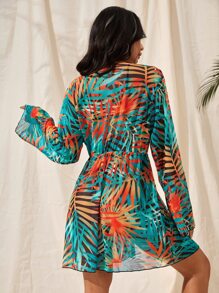Tropical Print Tie Front Kimono Without Bikini - Multicolor - View 2
