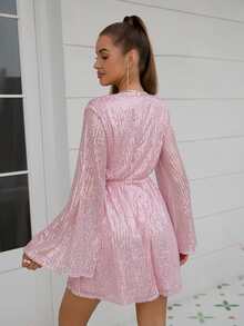 D&M Surplice Neck Mesh Sequin Party Dress - Baby Pink - View 3