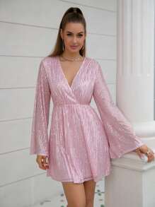 D&M Surplice Neck Mesh Sequin Party Dress - Baby Pink - View 5