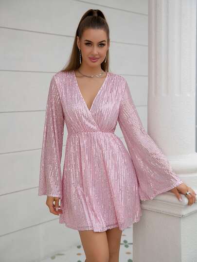 D&M Surplice Neck Mesh Sequin Party Dress Elegant Spring