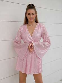 D&M Surplice Neck Mesh Sequin Party Dress - Baby Pink - View 6