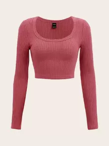 SHEIN EZwear Áo thun nữ Gân đan màu trơn Giải trí - Màu Hoa hồng đỏ - Xem 1