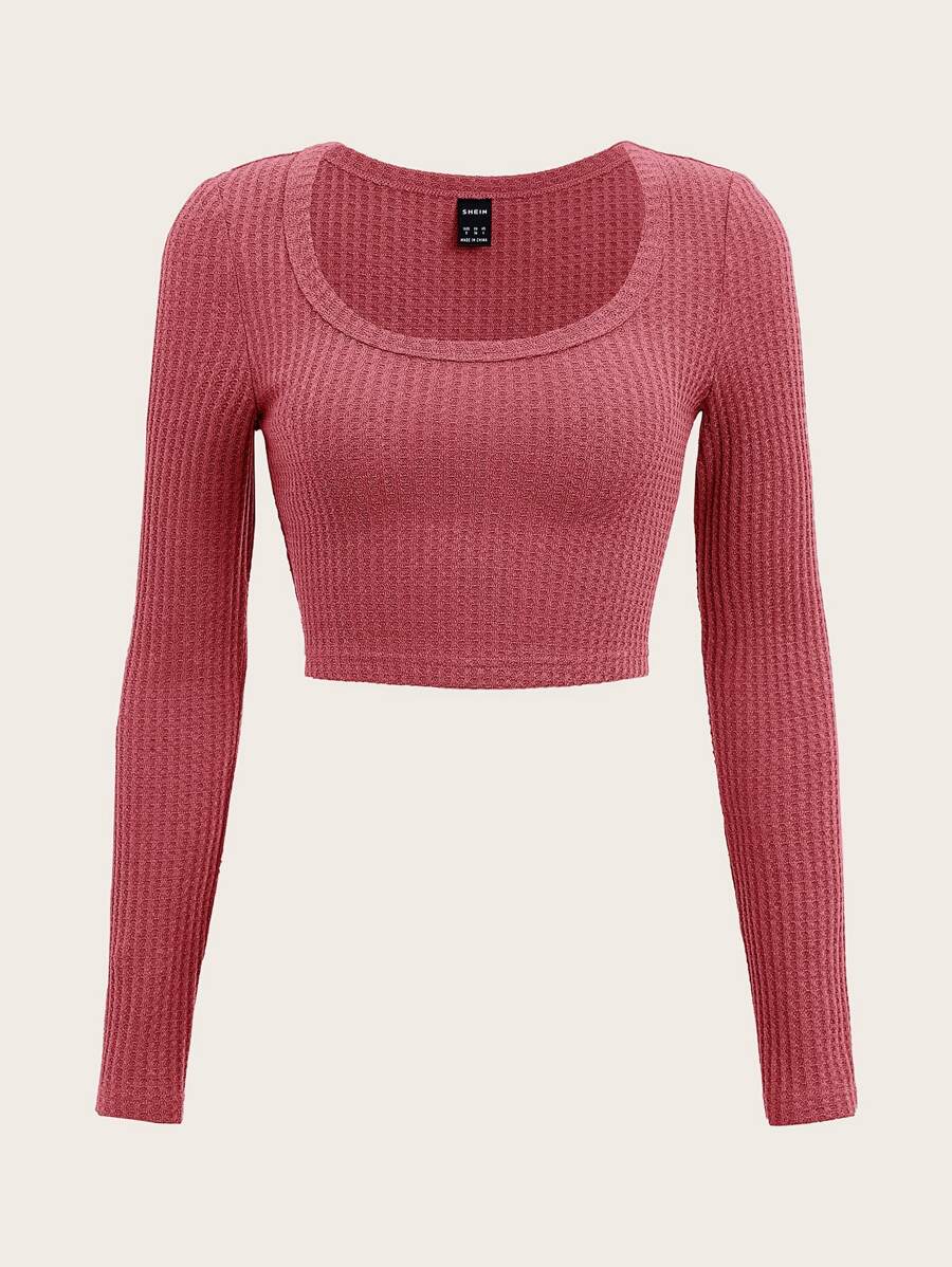 SHEIN EZwear Áo thun nữ Gân đan màu trơn Giải trí - Màu Hoa hồng đỏ - Xem 1