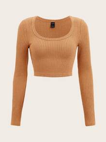 SHEIN EZwear 大圓領羅紋針織短款T恤 - 橘色 - 查看 1