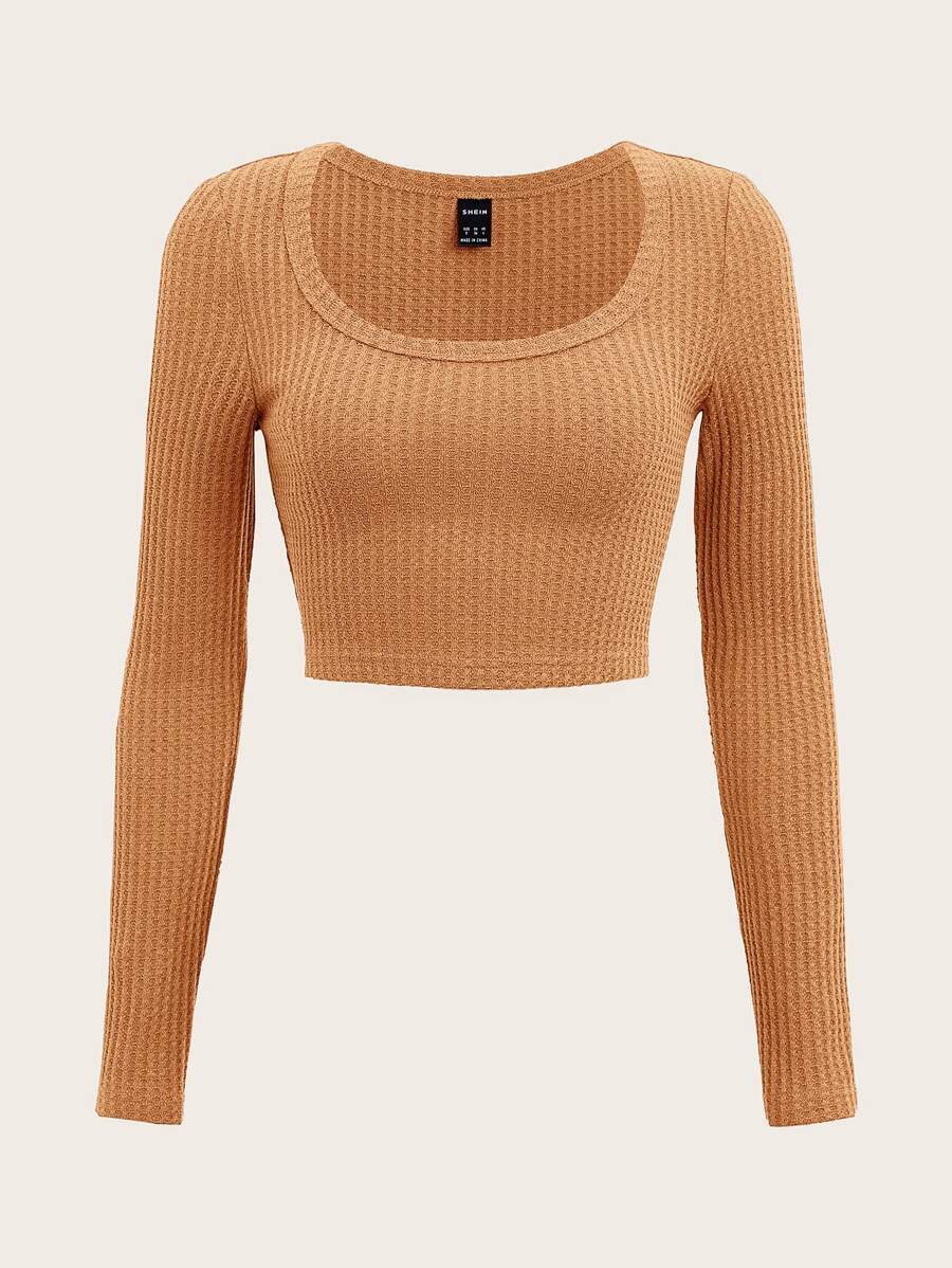 SHEIN EZwear 大圓領羅紋針織短款T恤 - 橘色 - 查看 1