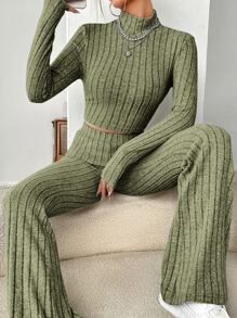 SHEIN EZwear 小高領短款T恤和喇叭褲