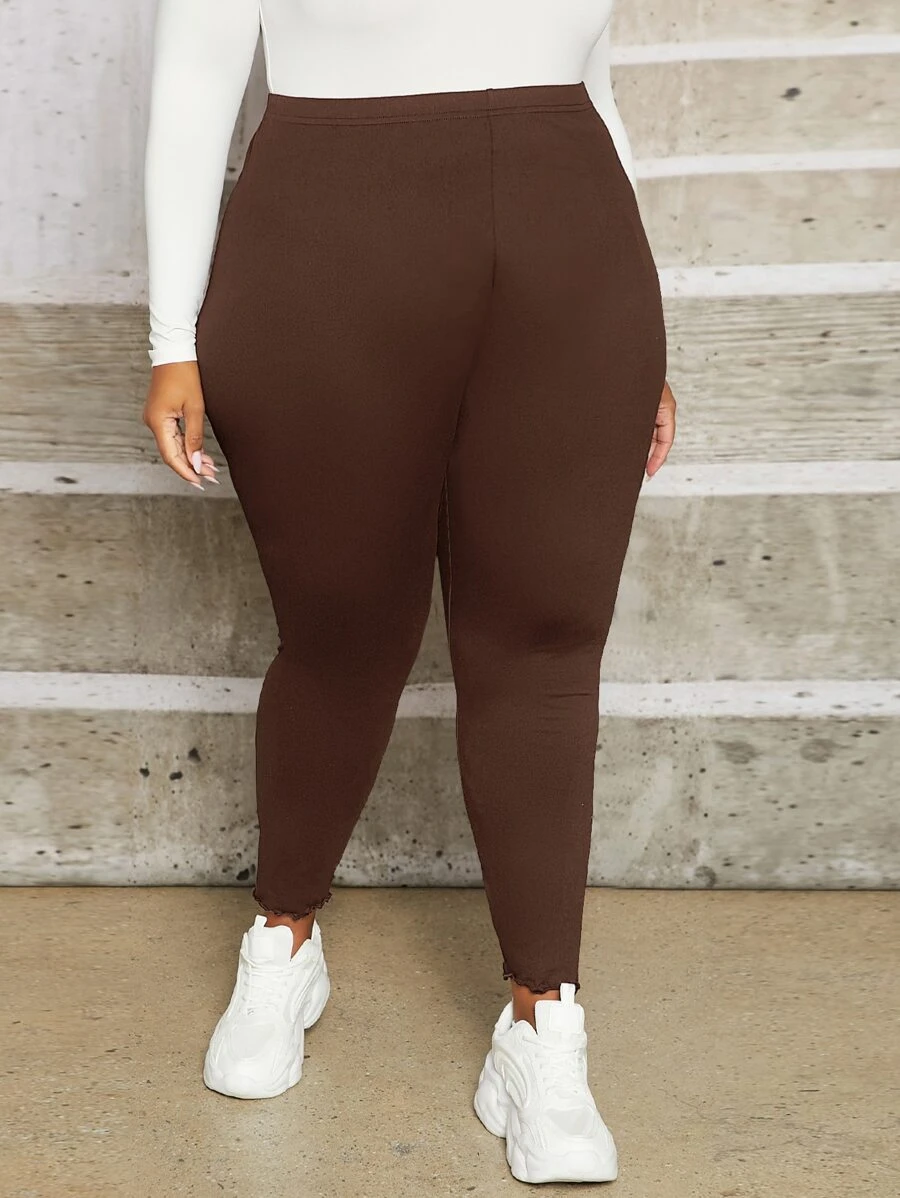 SHEIN CURVE+ Plus Women  Us22 Solid Lettuce Trim High Waist  Comfy Leggings - Chocolate Brown - View 1