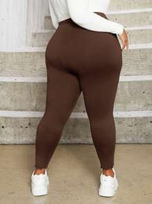 SHEIN CURVE+ Plus Women  Us22 Solid Lettuce Trim High Waist  Comfy Leggings - Chocolate Brown - View 2