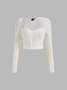 SHEIN MOD Sweetheart Neck Cable Knit Tee - Beige - View 1