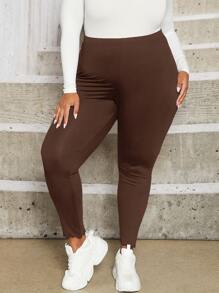 SHEIN CURVE+ Plus Women  Us22 Solid Lettuce Trim High Waist  Comfy Leggings - Chocolate Brown - View 3