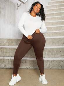 SHEIN CURVE+ Plus Women  Us22 Solid Lettuce Trim High Waist  Comfy Leggings - Chocolate Brown - View 6