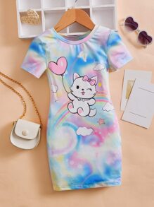 SHEIN 小女童紮染和卡通圖案連衣裙 - 彩色 - 查看 1