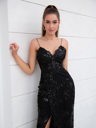 开叉大腿亮片吊带连衣裙黑色优雅正式晚会舞会婚礼宾客礼服，适合毕业典礼、晚宴派对礼服