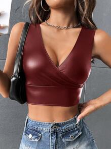 SHEIN BAE Top tank de cuello cruzado corto PU - Granate - Ver 1