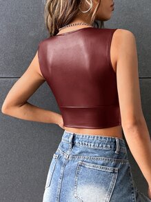 SHEIN BAE Top tank de cuello cruzado corto PU - Granate - Ver 2