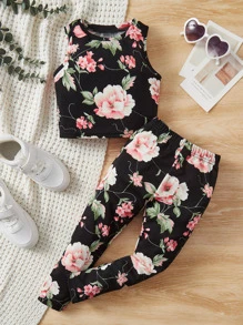 SHEIN 2pcs/Set Young Girl Floral Print Round Neck Tank Top And Pants, Casual Outfit - Multicolor - View 1