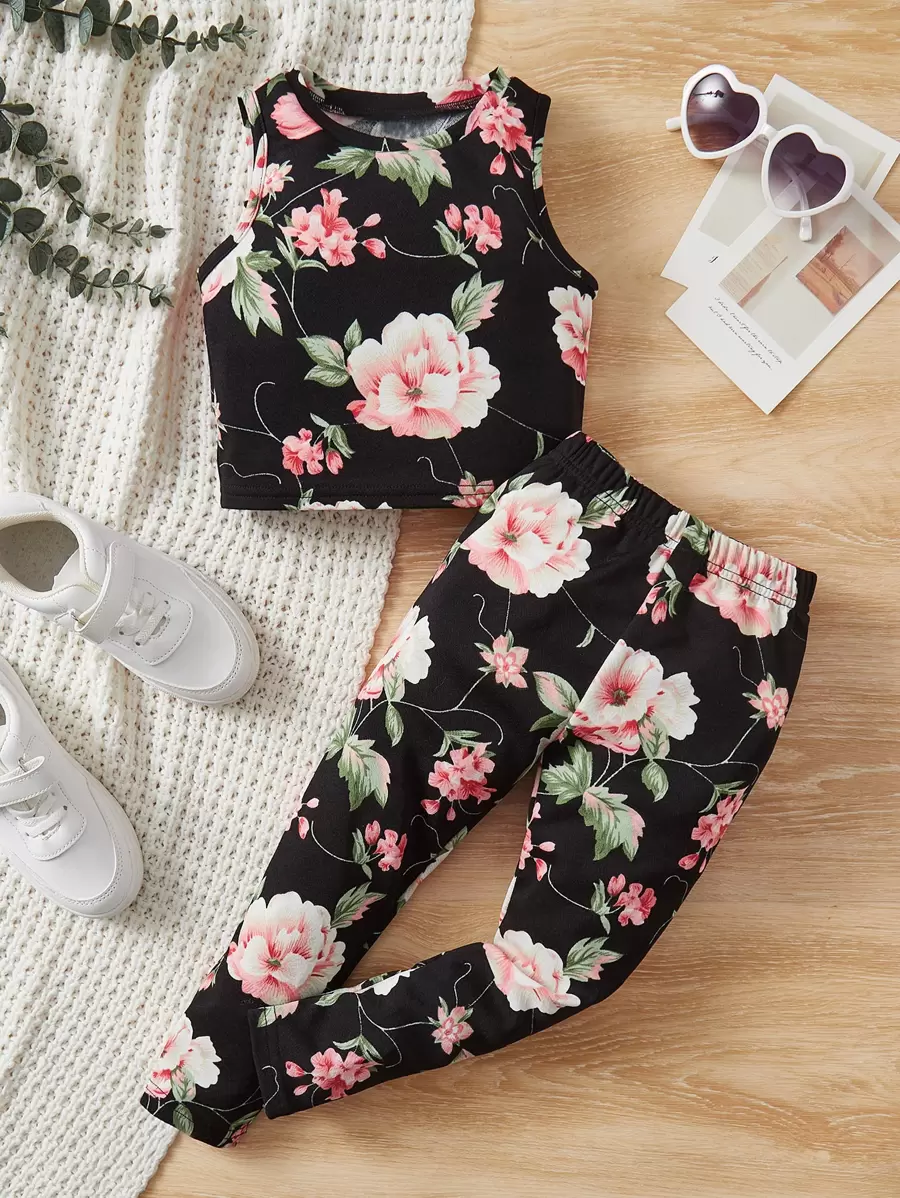 SHEIN 2pcs/Set Young Girl Floral Print Round Neck Tank Top And Pants, Casual Outfit - Multicolor - View 1