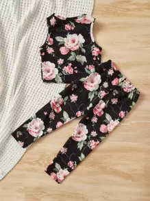 SHEIN 2pcs/Set Young Girl Floral Print Round Neck Tank Top And Pants, Casual Outfit - Multicolor - View 2