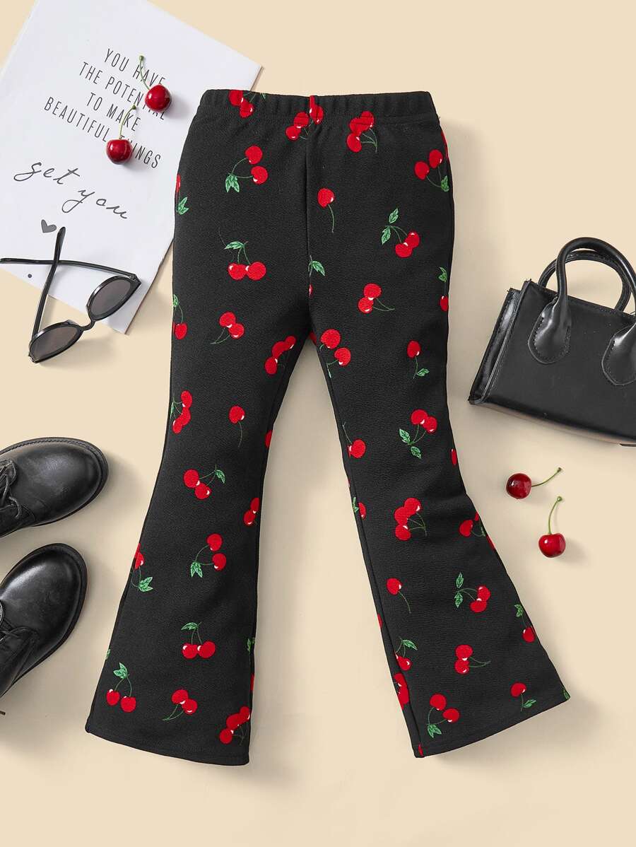 SHEIN 小女童櫻桃圖案喇叭褲 - 黑色 - 查看 1