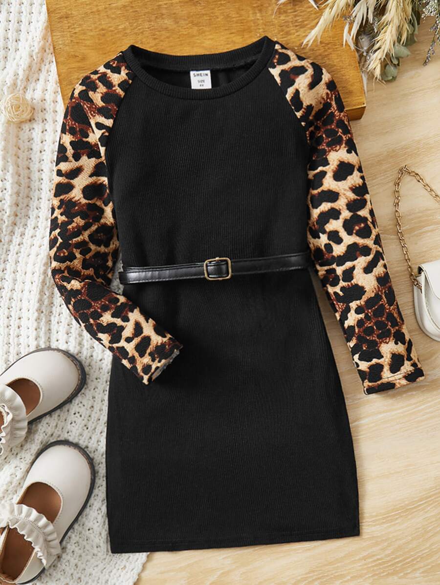 SHEIN Young Girl Leopard Print Raglan Sleeve Dress Without Belt - Black - View 1