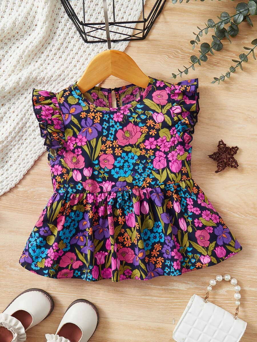 SHEIN Young Girl Floral Print Butterfly Sleeve Peplum Blouse - Multicolor - View 1