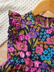 SHEIN Young Girl Floral Print Butterfly Sleeve Peplum Blouse - Multicolor - View 4