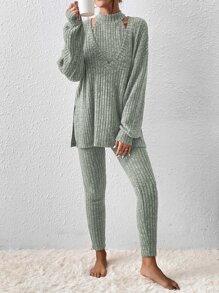 Chiquease Space Dye Halter Top & Split Hem Tee & Leggings - Mint Green - View 3