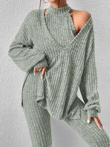 Chiquease Space Dye Halter Top & Split Hem Tee & Leggings - Mint Green - View 4