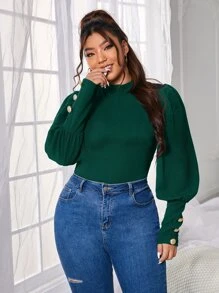 SHEIN Frenchy 大碼小高領紐扣細節羊腿袖T恤 - 墨綠色 - 查看 1