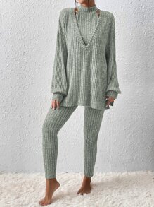 Chiquease Space Dye Halter Top & Split Hem Tee & Leggings - Mint Green - View 5