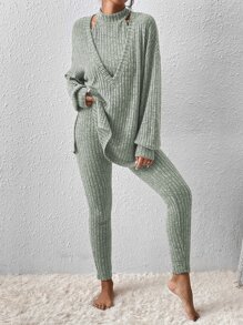 Chiquease Space Dye Halter Top & Split Hem Tee & Leggings - Mint Green - View 6