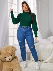 SHEIN Frenchy 大碼小高領紐扣細節羊腿袖T恤 - 墨綠色 - 查看 3