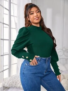 SHEIN Frenchy 大碼小高領紐扣細節羊腿袖T恤 - 墨綠色 - 查看 4