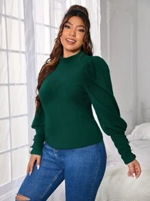 SHEIN Frenchy 大碼小高領紐扣細節羊腿袖T恤 - 墨綠色 - 查看 6