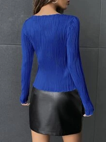 SHEIN Privé 大圓領條紋針織T恤 - 寶藍色 - 查看 2