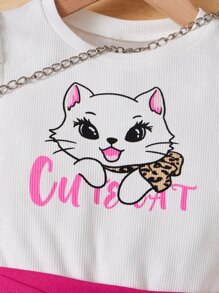 SHEIN 小女童卡通圖案泡泡袖T恤和圍裹側打結半身裙 - 彩色 - 查看 3