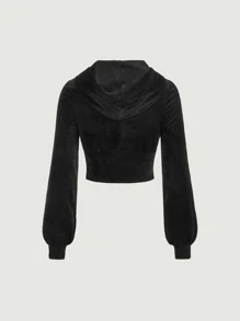 SHEIN MOD Zip Up Hooded Velvet Crop Sweatshirt