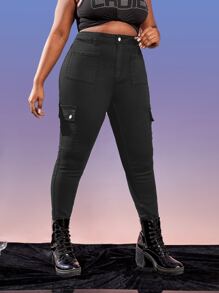 SHEIN SXY Quần Denim kích thước lớn Nút Túi Dây kéo màu trơn - màu đen - Xem 4