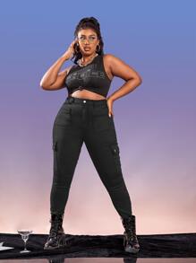 SHEIN SXY Quần Denim kích thước lớn Nút Túi Dây kéo màu trơn - màu đen - Xem 3