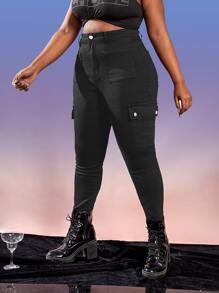 SHEIN SXY Quần Denim kích thước lớn Nút Túi Dây kéo màu trơn - màu đen - Xem 5